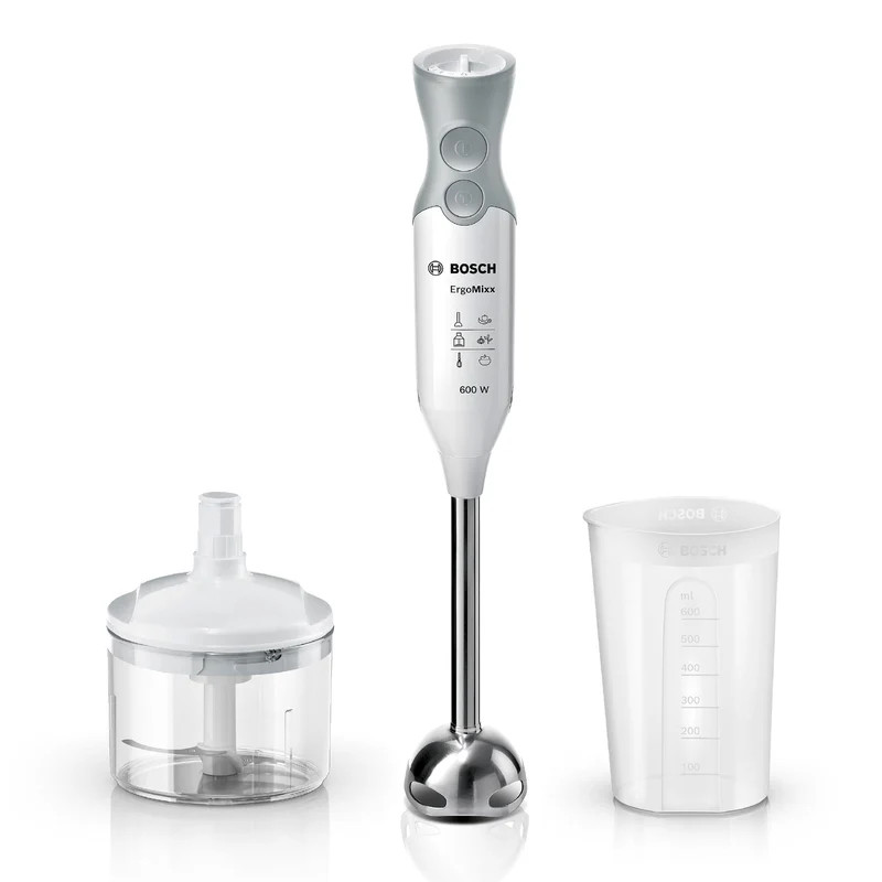 Bosch, frullatore a immersione, ErgoMixx, motore da 600 W, 12 velocità & funzione turbo, tritatutto e bicchiere graduato, bianco, MSM66120