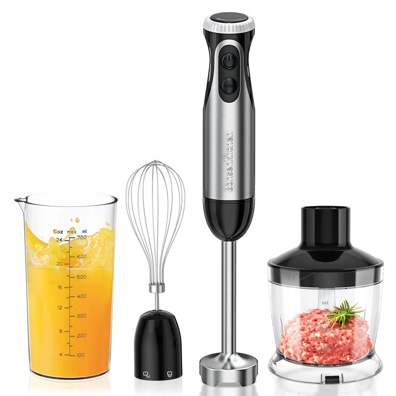 Bonsenkitchen Frullatore a Immersione 4-in-1, 1000W Mixer Elettrico con Regolazione della Velocità Progressiva, Piede in Acciaio Inox, Frusta, Tritatutto da 500 ml e Misurino da 700 ml, HB3203