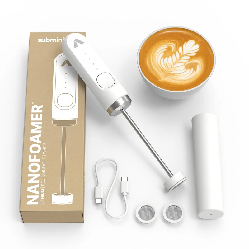 Subminimal NanoFoamer Lithium, Frullino Montalatte Elettrico Ricaricabile USB-C, Schiuma Latte Professionale Latte Art, Microfoam di Qualità da Barista a Casa, Accesso a MasterClass Incluso, Bianco