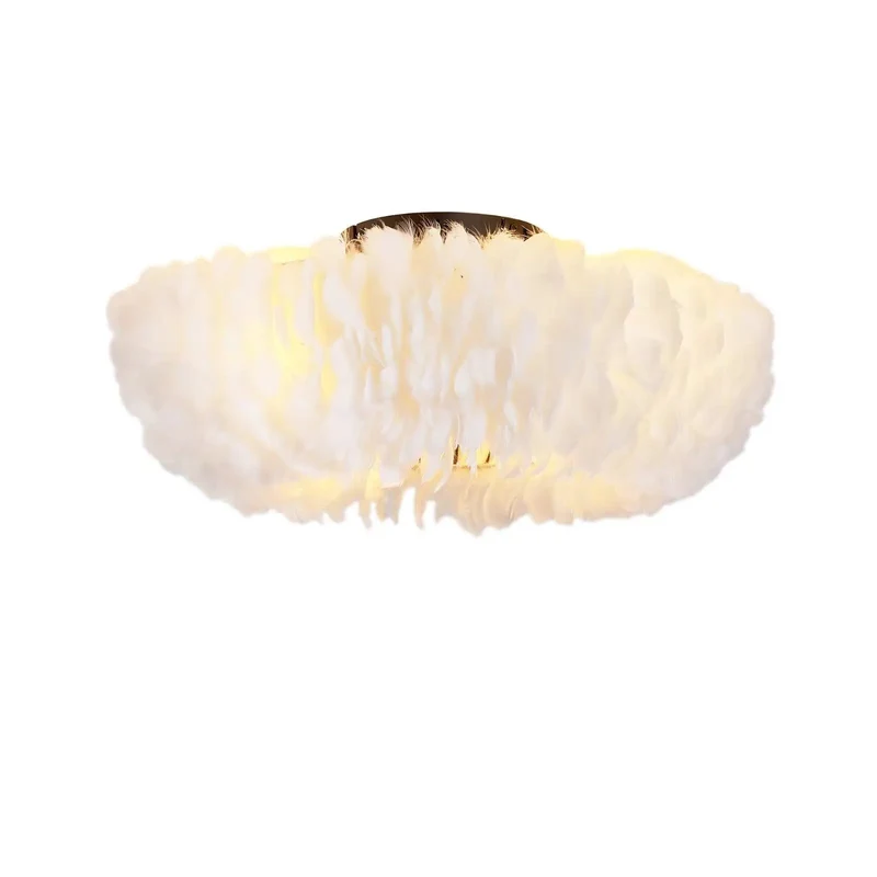 20 Inch Feather Flush Mount Ceiling Fan With Remote, 6 Speed Reversible DC Motor Light Combo, Low Profile Cloud Style Chandelier For Bedroom, Straight Up Stunning Decor That Hits Different