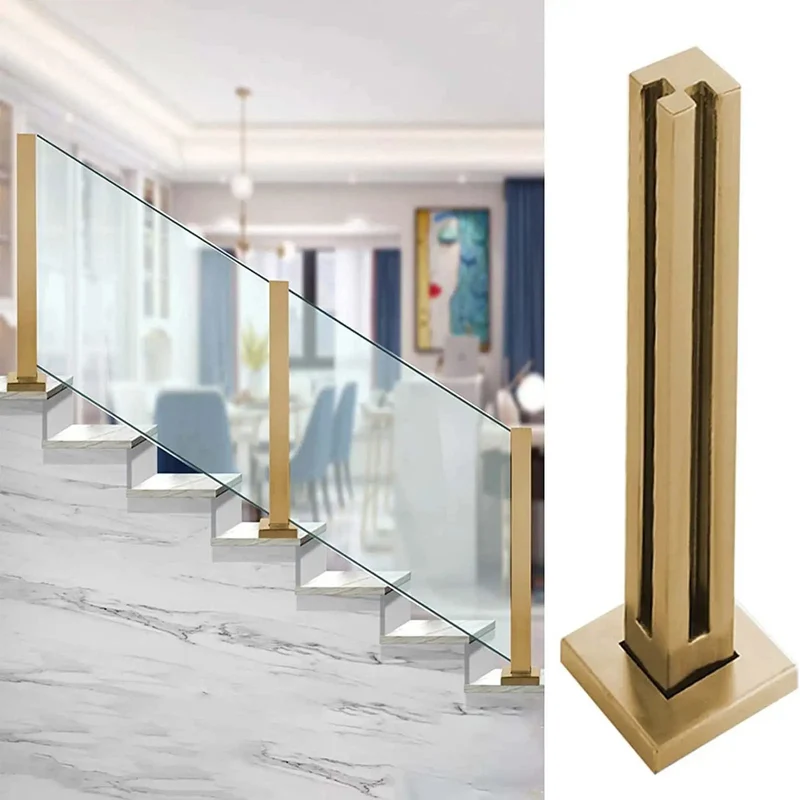 Kickass Heavy Duty Gold Staircase Glass Railing Post System With Square Stainless Steel Balusters And Clamps For Ten Or Twelve Millimeter Glass Kickass Balcony Deck Safety Kit No Sweat Install