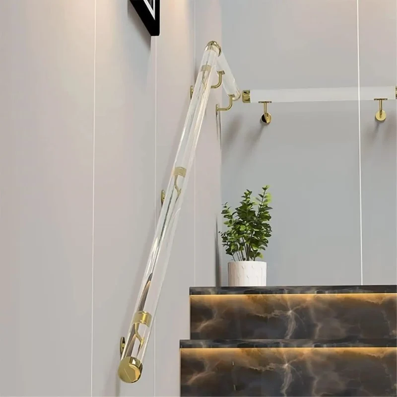 Clear Acrylic Stair Handrail With Gold Wall Brackets And Firm Grip Built Tough For Custom Indoor Banisters Rock Solid Heavy Duty Wall Mount Support Adjustable Lengths For Home Reno