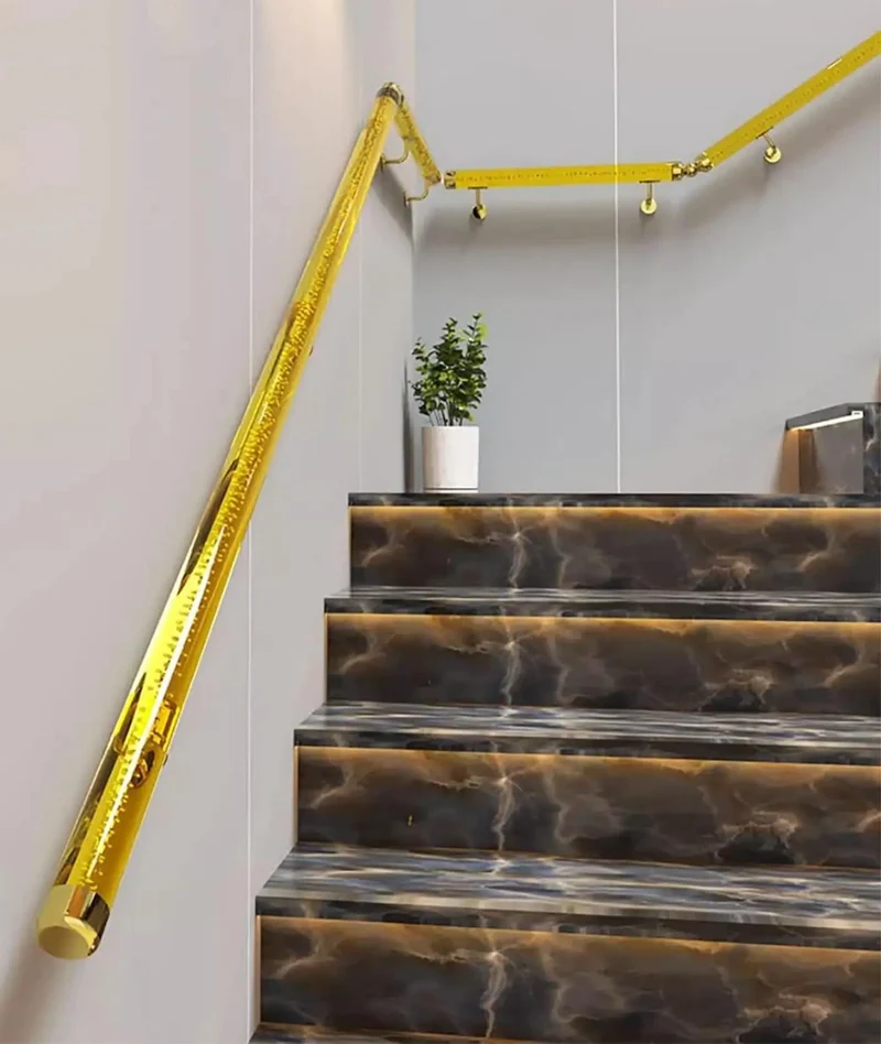 Clear Acrylic Stair Handrail Gold Brackets Hella Sturdy Wall Mounted Grab Bar Non Slip Indoor Outdoor Banister Support Pipe 2 Inch Diameter Custom Lengths Rock Solid Grip