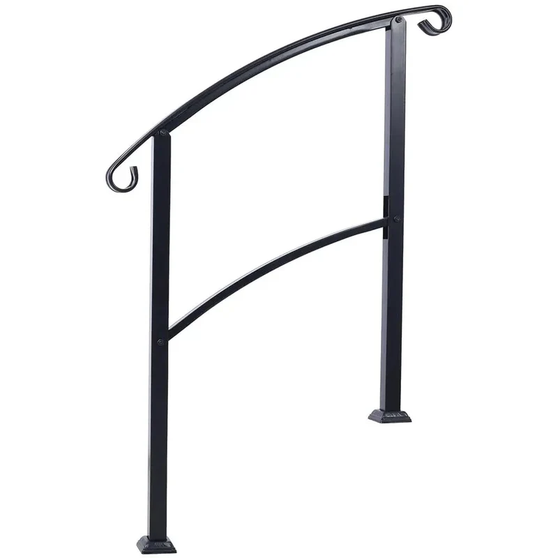 Rock Solid Wrought Iron Handrail For Outdoor Steps, Black Metal Stair Railing With Curved Non Slip Grip, No Sweat Quick Install System For One To Three Porch Stairs