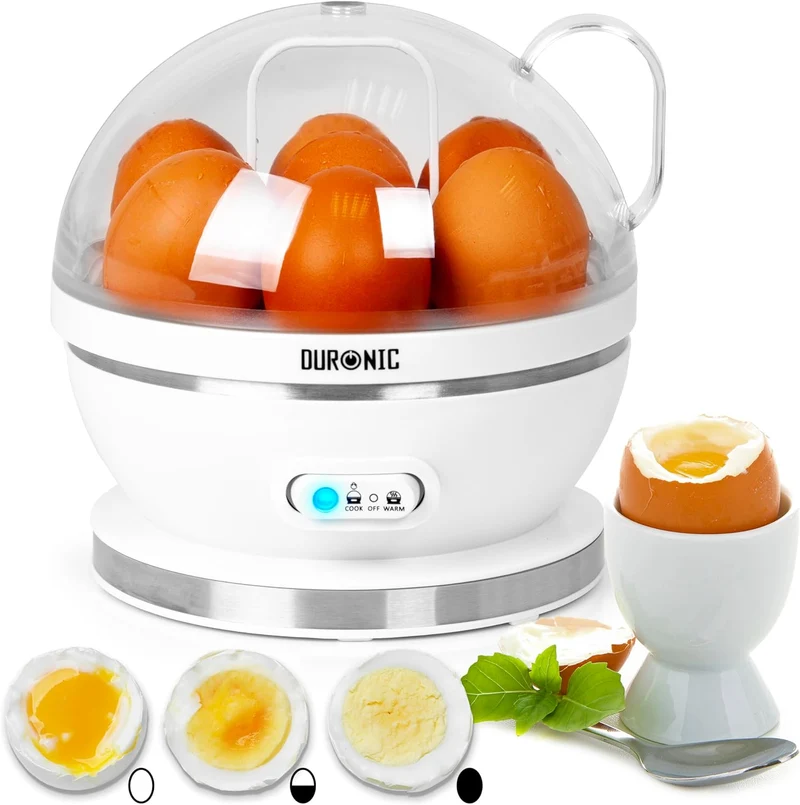 Duronic EB27 WE Cuociuova 400W, Fino a 7 uova, Sode, alla coque o medie, Cuoci uova, Bollitore uova con Funzione mantenimento in caldo, Misurino e coppette per cottura in camicia