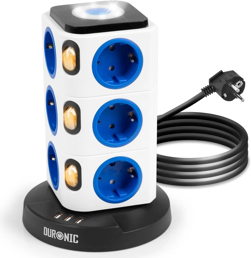 Duronic ET12L Multipresa Torre 3680W con 12 Prese Schuko, 3 USB, Luce LED Notturna Touch, Ciabatta Elettrica Verticale, Protezione Sovraccarico, Cavo 1.8m, Torre Multipresa USB Casa Ufficio Gaming TV