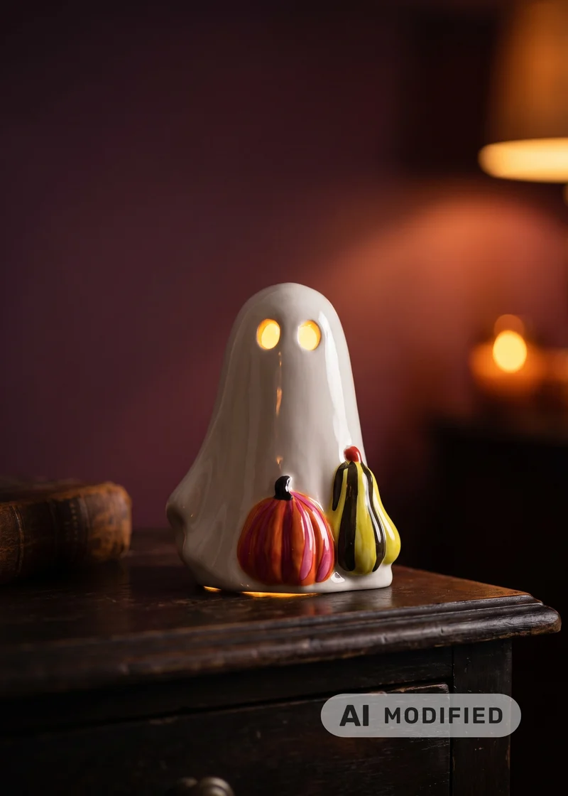 Luminous ghost with pumpkins and LED light