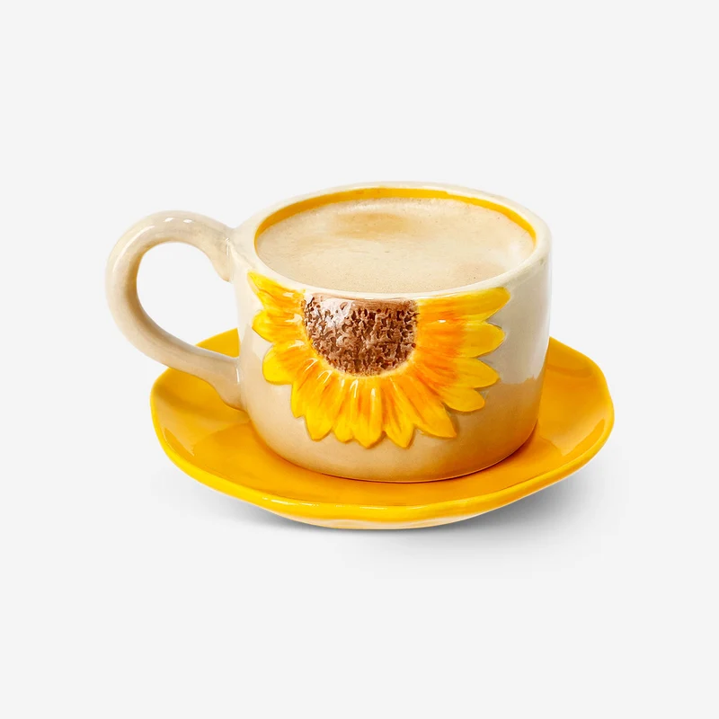Mug with embossed sunflowers and saucer - 160 ml