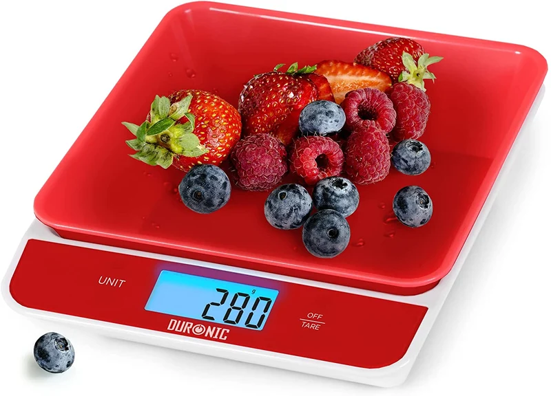 Duronic KS100 RD Bilancia da cucina - Bilancia ad alta precisione con display digitale retroilluminato - Portata 1g / 5 kg - Bilancia con ciotola integrata nera da 1,2L - Funzione Tara