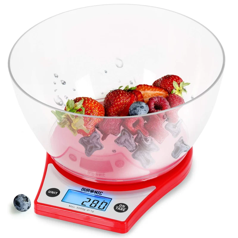Duronic KS6000 RD Bilancia da cucina - Bilancia ad alta precisione con display digitale retro illuminato - Portata 1g / 5 kg con ciotola da 2L - Piattaforma nera - Funzione Tara