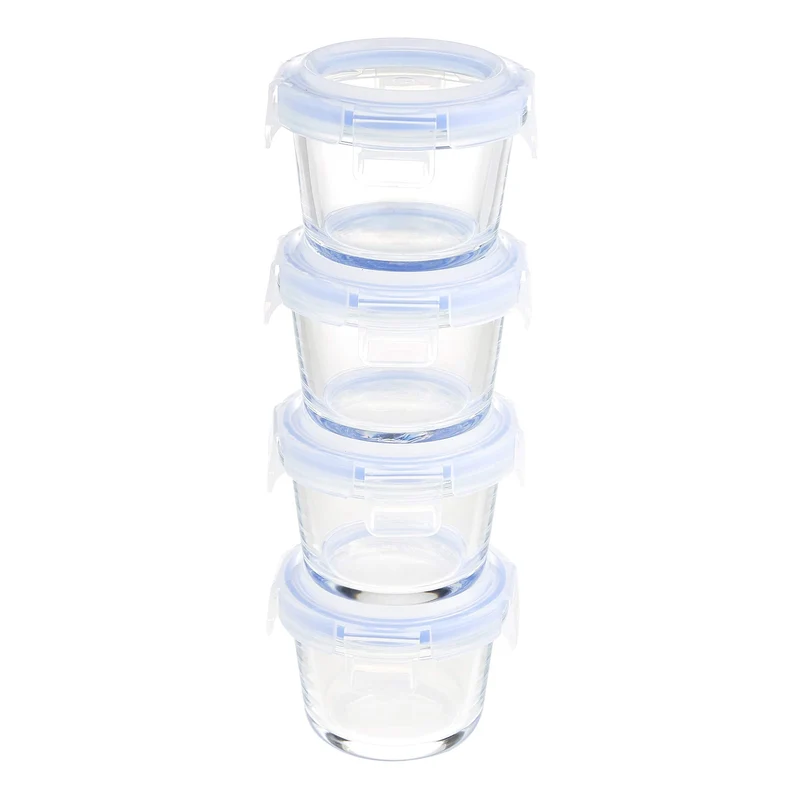 Amazon Basics ABL001 Contenitori in vetro da 150 ml, 4 unità, trasparenti con coperchi blu