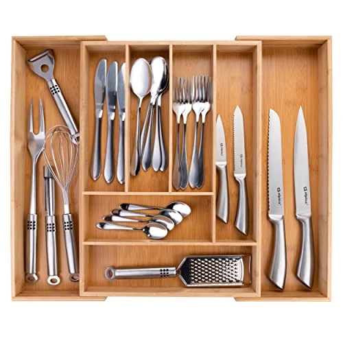 ALPINA Portaposate estensibile - 46 x 34-56,5 x 6 cm - da 6 a 8 scomparti - Materiale ecologico in bambù