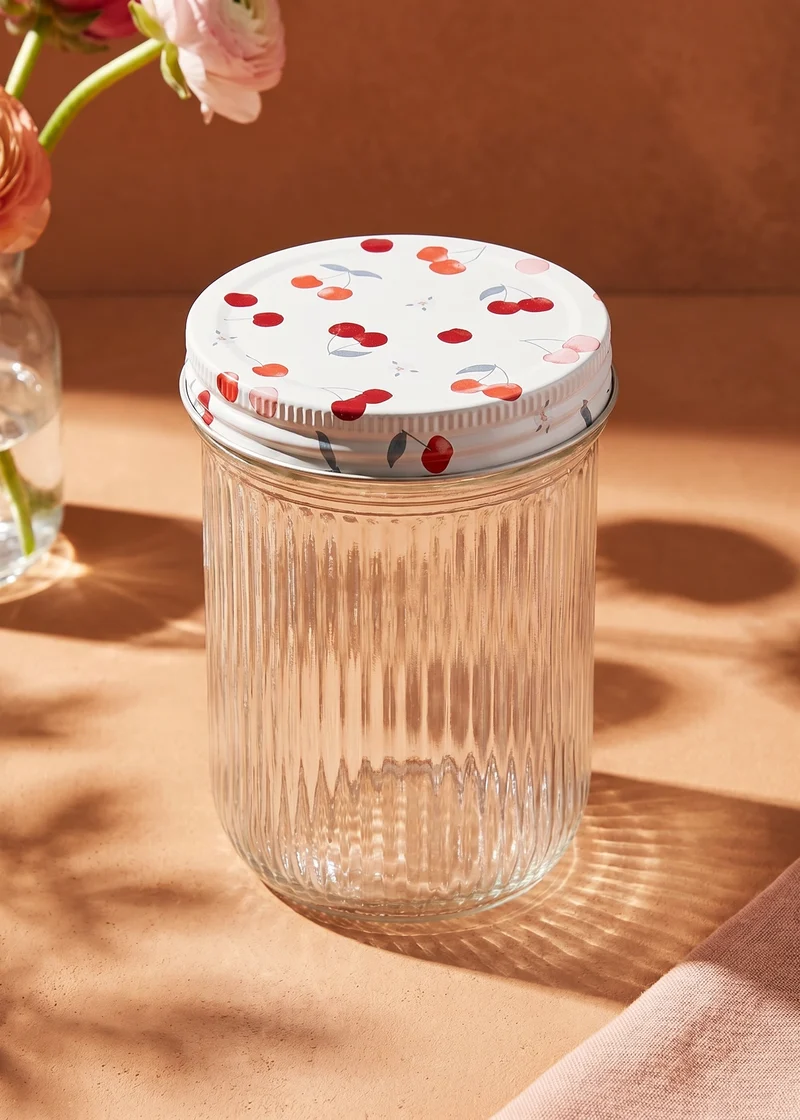 Glass storage jar with cherry print lid - 13 cm