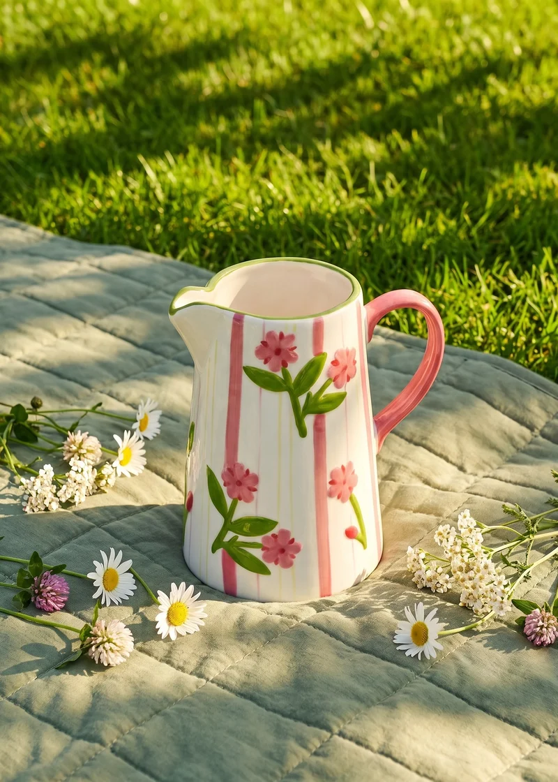 Jug with hand-painted stripes and flower design - 1 L