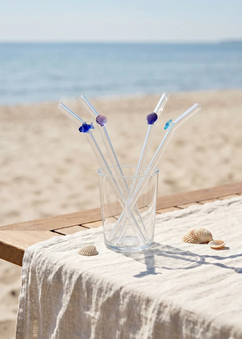 Glass straws with fish and seashell decorations - 4 pcs