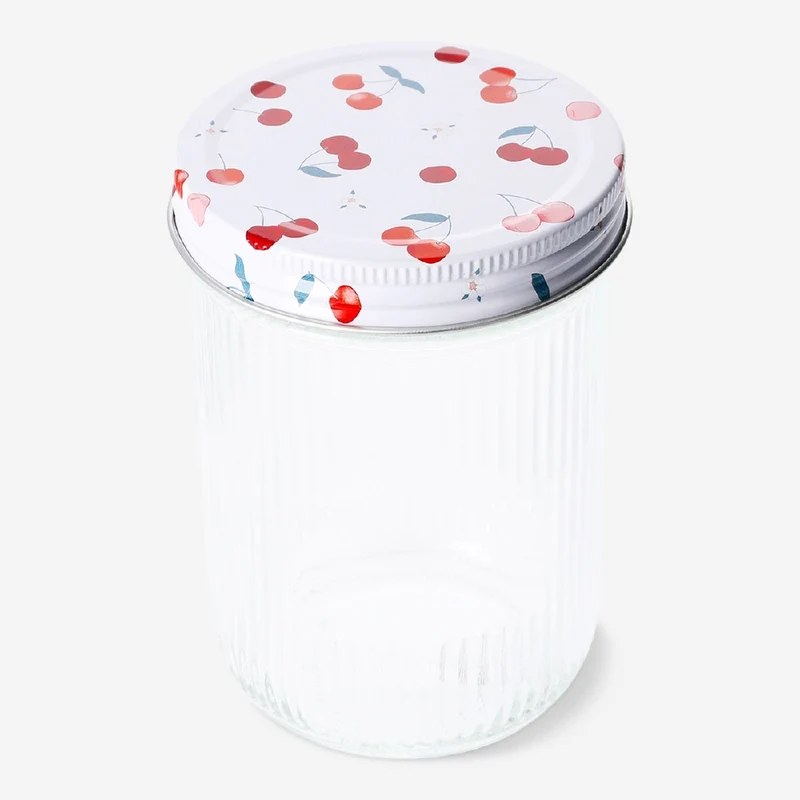Glass storage jar with cherry print lid - 16 cm