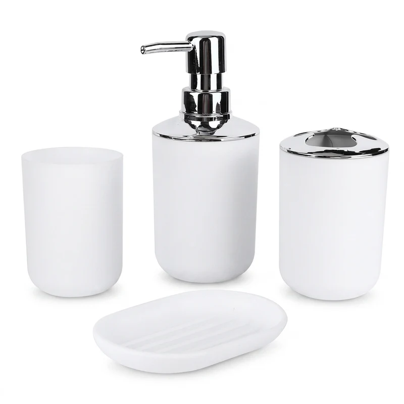 4‑Piece Plastic Bathroom Accessory Set — Soap Dispenser, Storage & Rinse Cups, Soap Dish