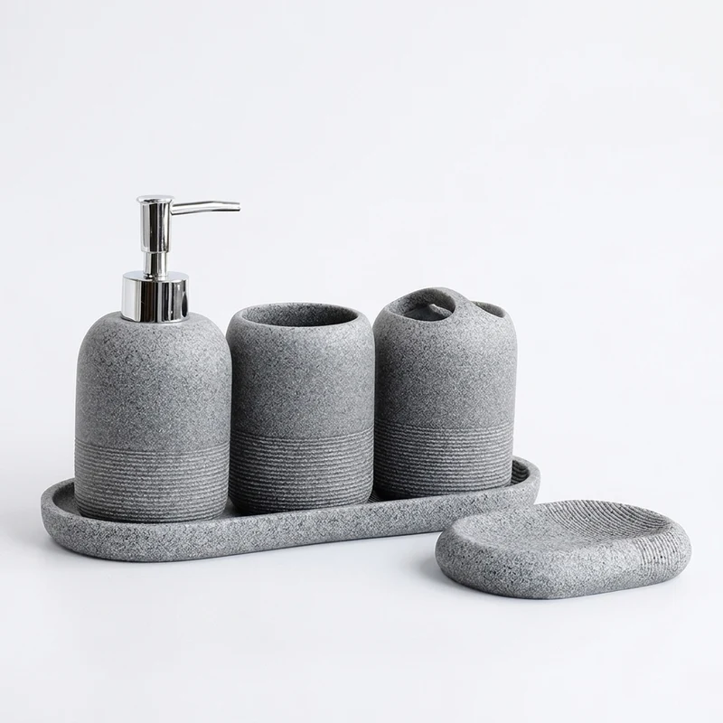 5-Piece Bathroom Accessory Set — Lotion Dispenser, Toothbrush Holder, Tumbler, Soap Dish & Tray (Beige or Grey)