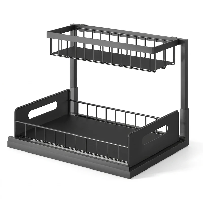 Under-sink Pull-out Metal Organiser — Sliding Storage Shelf for Kitchen (Black/White)