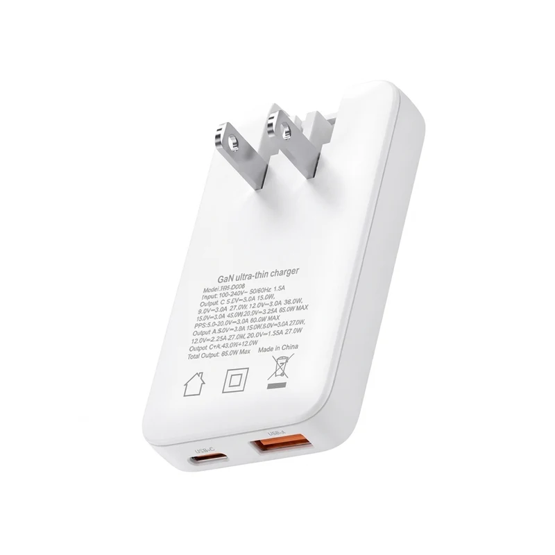 PD 65W Ultra-thin GaN Dual-Port Travel Charger with US/EU/UK/KR Interchangeable Plugs