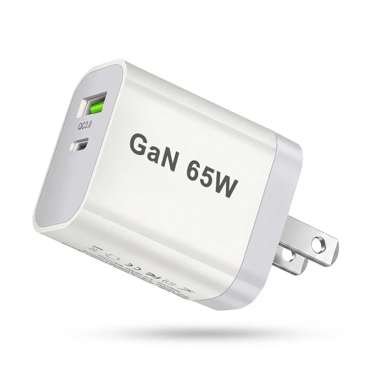 65W GaN USB‑C PD 3.0 2‑Port Wall Charger — USB‑A + USB‑C, White (UK/EU/US/AU plugs)