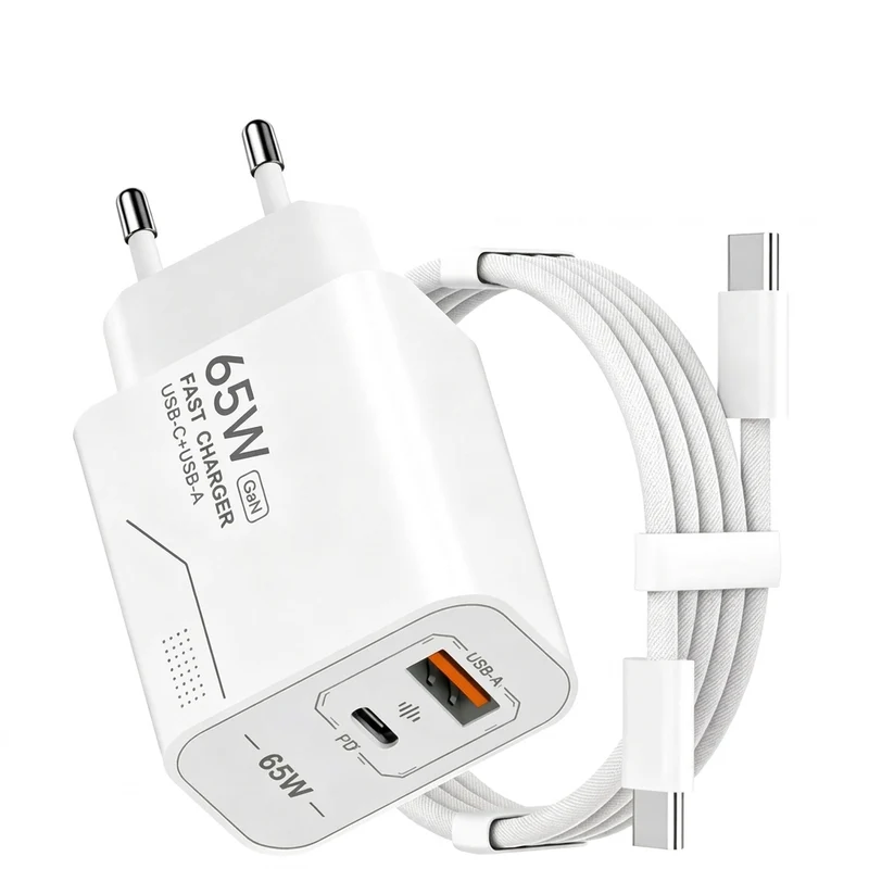 65W GaN Dual-Port USB Charger — USB-C & USB-A, EU/US Plug Options