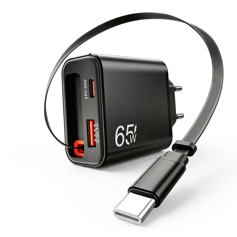 65W USB Wall Charger with Retractable USB‑C Cable — PD & QC3.0 Fast Charge