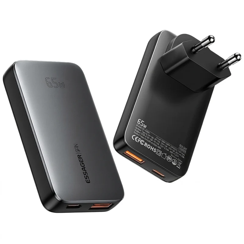 65W GaN USB‑C PD Fast Charger — USB‑A + USB‑C with QC 3.0, UK/EU/US plugs