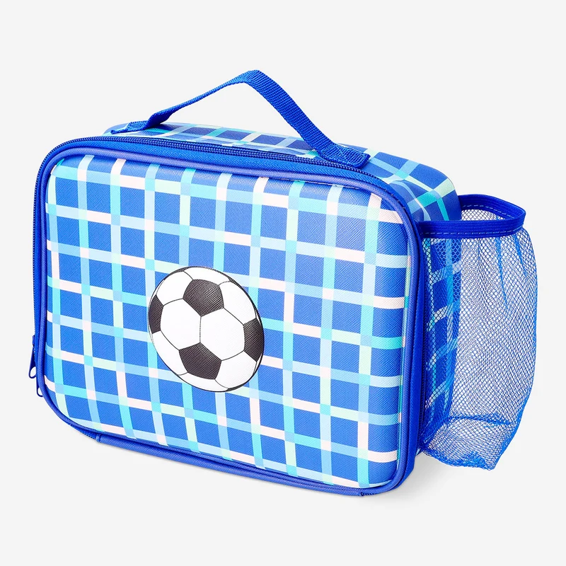 Blue lunchbox bag with football motif - 19x25 cm