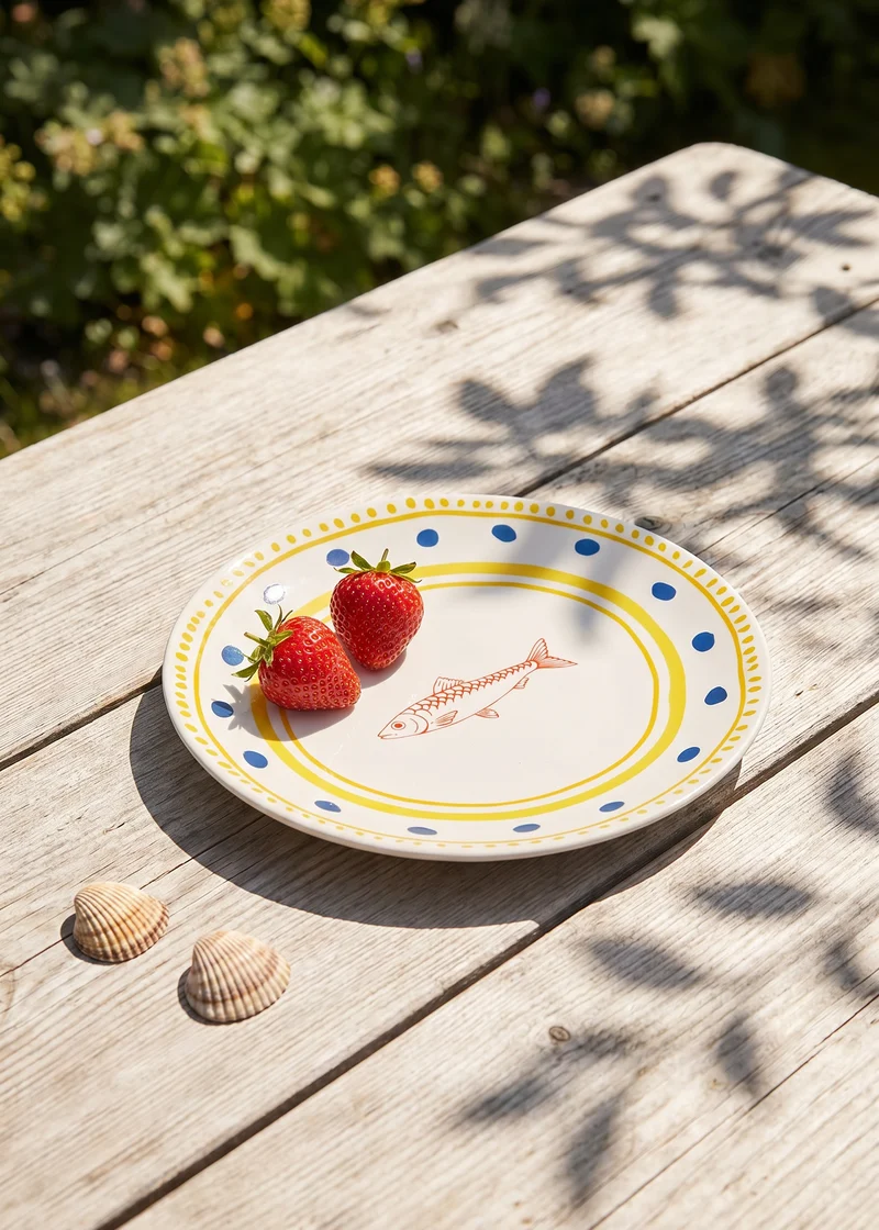 Ceramic plate with dots and fish - 16 cm