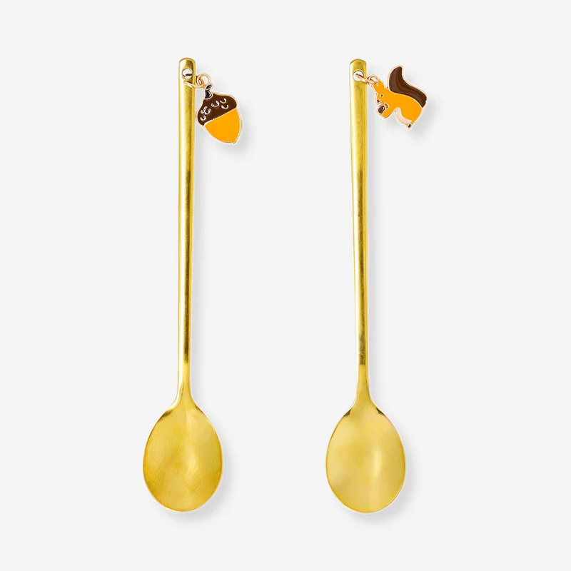 Gold dessert spoons with acorn and squirrel decoration - 2 pcs