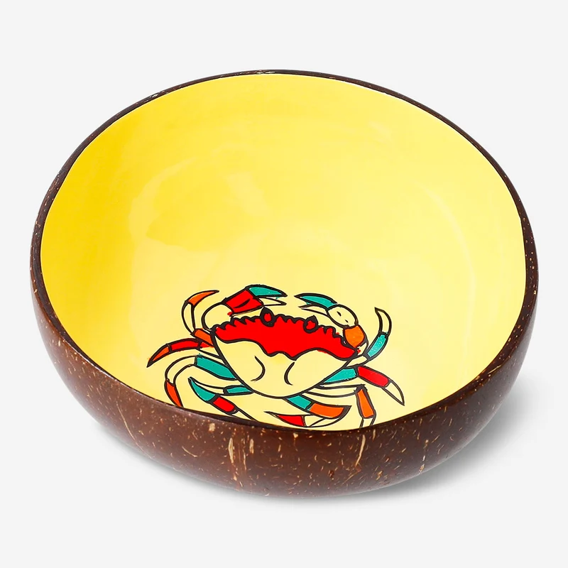 Hand-painted coconut bowl with crab motif - 13 cm