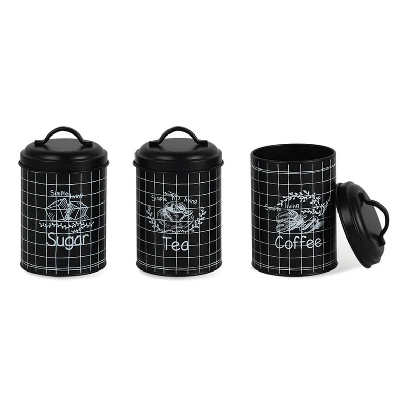 Set di 3 Contenitori in metallo Contenitore da cucina per zucchero caffè tè 3x Ø11,8 x 18,8 cm Nero