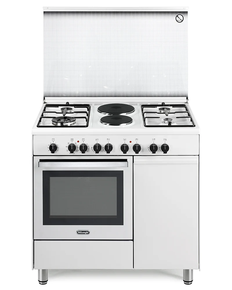 Ⓜ️🔵🔵🔵 De Longhi DEMW 96 B42 ED - Cucina bianca con 2 piastre elettriche centrali e 4 bruciatori a gas, di cui uno a doppia corona, forno elettrico, Classe A, MADE IN ITALINY
