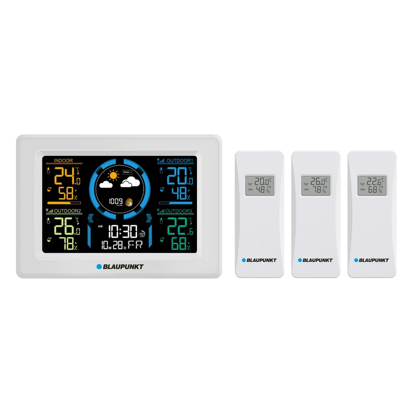 Stazione meteo Blaupunkt, igrometro, pressione, previsioni, ora, data, 3 sensori, WS40WH
