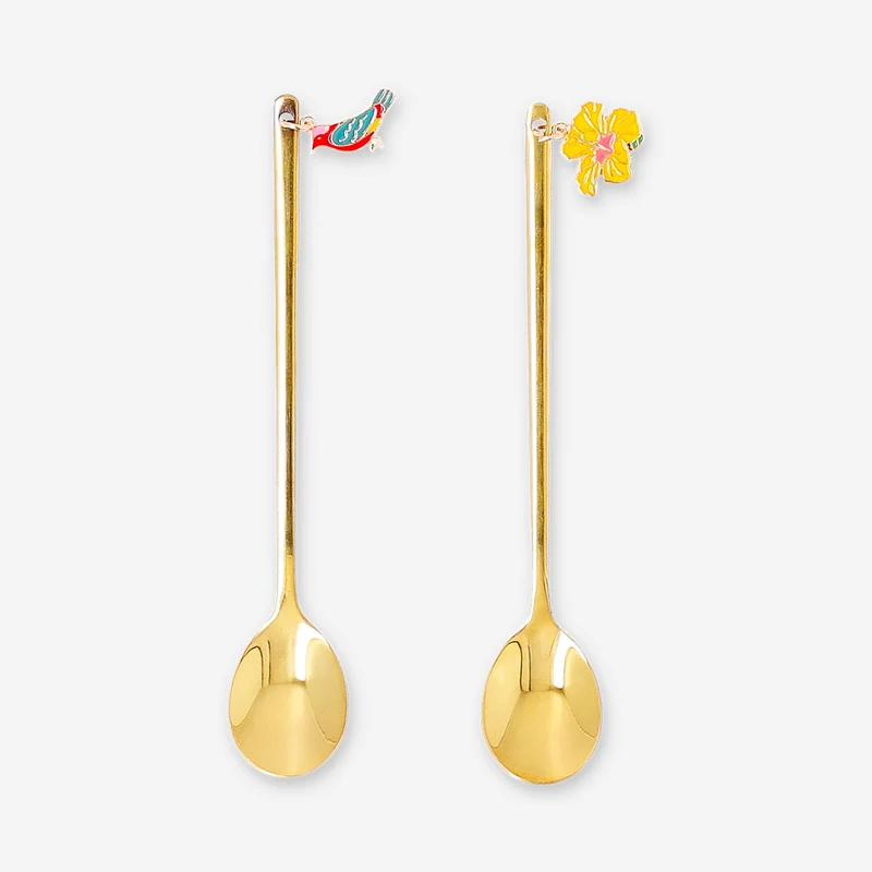 Gold dessert spoons with tropical flower decoration - 2 pcs