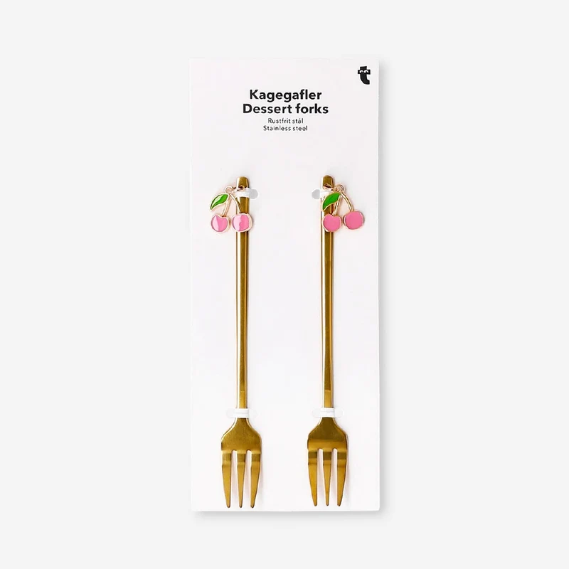 Gold dessert forks with cherry decorations - 2 pcs