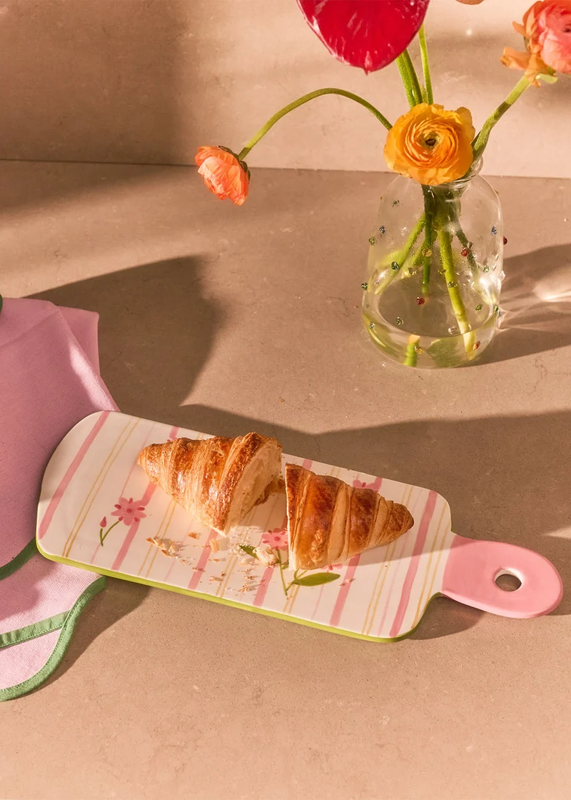 Ceramic tapas tray with hand-painted stripes and flower design - 35 cm
