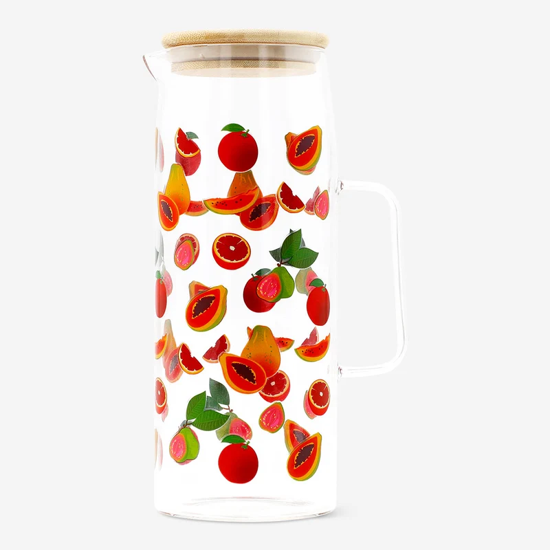 Glass jug with bamboo lid and fruit print - 1.15 L