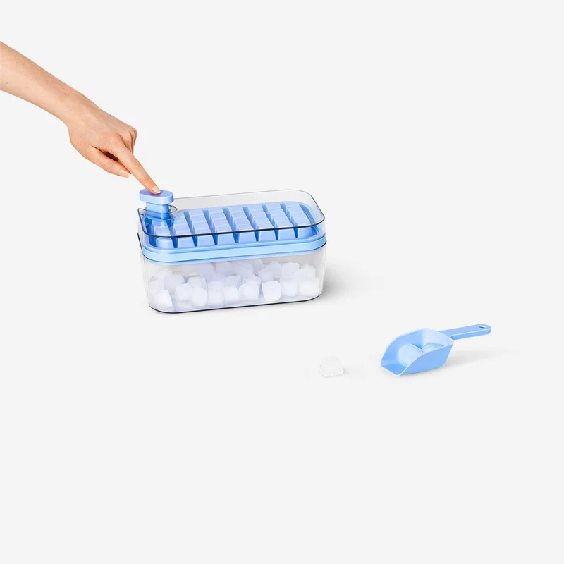 Blue ice cube tray with storage box and ice scoop
