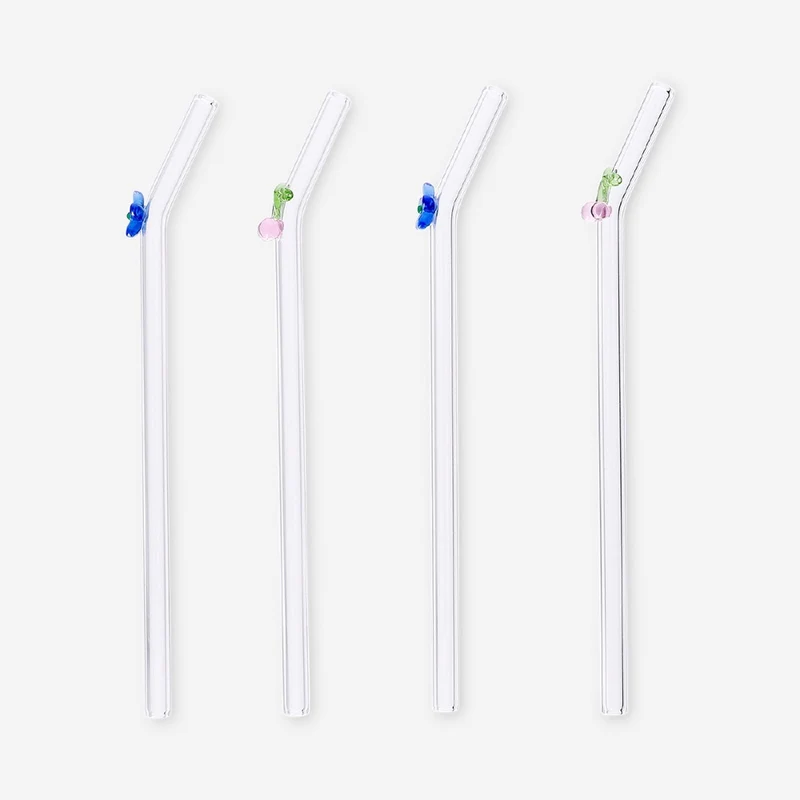 Glass straws with flower and cherry decorations - 4 pcs