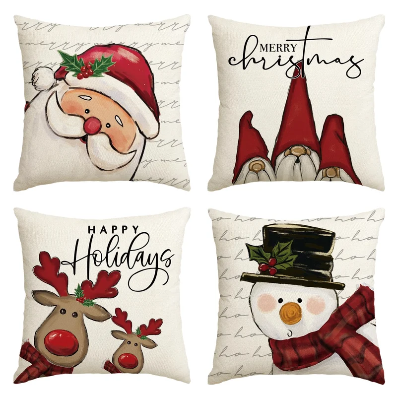 Artoid Mode GNOME - Set di 4 federe per cuscino con renna, motivo: Babbo Natale, pupazzo di neve, 45 x 45 cm