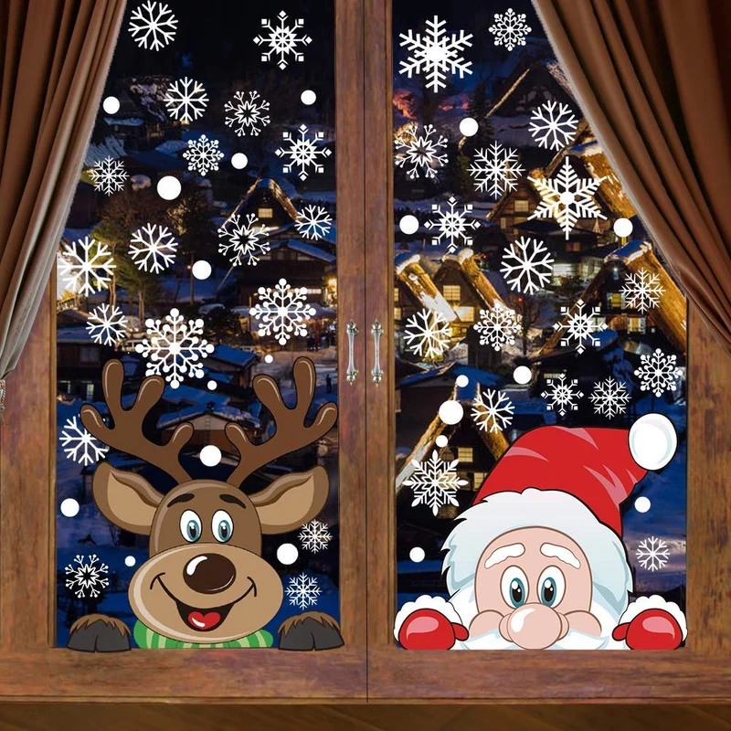 DERAYEE Adesivi per Finestre di Natale,6 Fogli Vetrofanie Natalizie Removibili,Renna Babbo Fiocchi di Neve Decorazioni per Casa