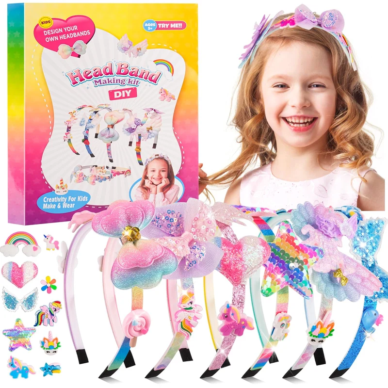 WuGU Kit per La Creazione di Cerchietti per Capelli, 49 Pezzi Set di Accessori per Capelli fai da te, Regalo per Ragazze di 5 6 7 8 9 10 Anni, Regali di Compleanno e Natale per Bambina