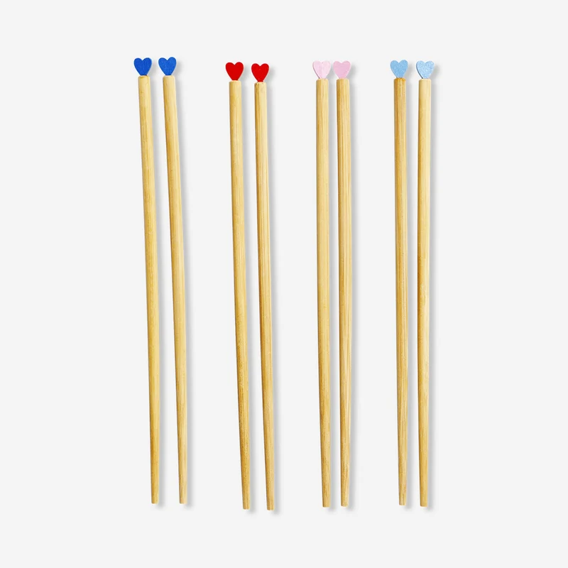 Wood chopsticks with heart toppers - 4 pcs