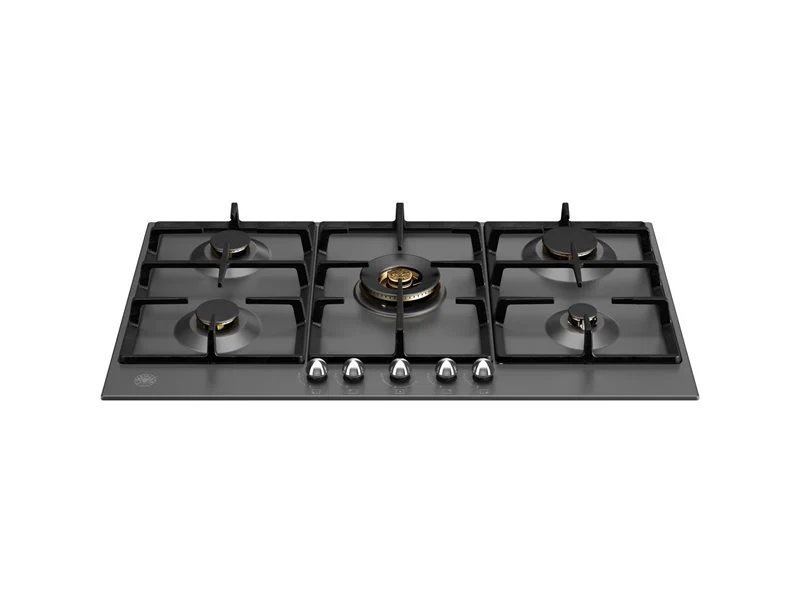 Ⓜ️🔵🔵🔵 BERTAZZONI P905CHERNE - Piano Cottura a Gas, 90 cm, Nero Opaco, Serie Heritage, 5 Fuochi, Dual Wok Centrale