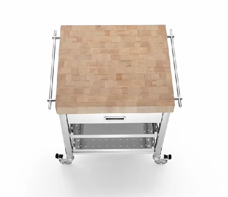 Ⓜ️🔵🔵🔵 Alpes 70C-CARRELLO-1 - LIBERI IN CUCINA, Elemento Contenimento, carrello cucina, acciaio inox con top ceppo in legno, larg. 70cm, prof. 65cm, alt. 90cm, due ripiani estraibili 60cm, cassetto portaposate legno 60cm