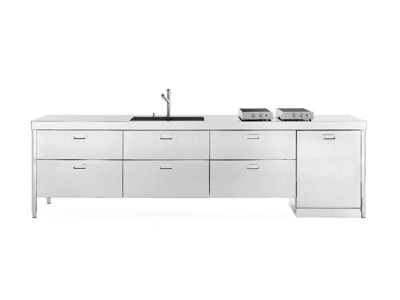 Ⓜ️🔵🔵🔵 Alpes LC340-C90+C90+C90+L60/2 - LIBERI IN CUCINA, Lavaggio-Cottura, Acciaio Inox dx/sx, larg. 340cm, prof. 65cm, alt. 90/95cm, 2 piani cottura 2 zone induzione, vasca larg. 70cm, tagliere, 6 cassetti 90cm