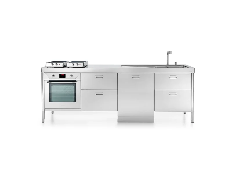 Ⓜ️🔵🔵🔵 Alpes LC250-F60+C60+L60+C60/1 - LIBERI IN CUCINA, Lavaggio-Cottura, Acciaio Inox dx o sx, larg. 250cm, prof. 65cm, alt. 90/95cm, vasca larg. 50cm, 2 piani cottura rib. 2 zone a induzione, 4 cassetti 60cm, forno elettr. 60cm