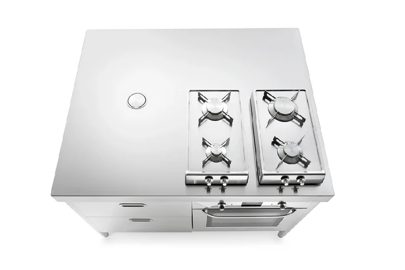 Ⓜ️🔵🔵🔵 Alpes IC130-C60+F60/1 - LIBERI IN CUCINA, elemento Isole Cottura, acciaio inox, larga 130cm, profonda 125cm, alta 90/95cm, torretta a scomparsa con tre prese elettriche Schuko. Piani cottura R 30/2GR ed R 30/2GG